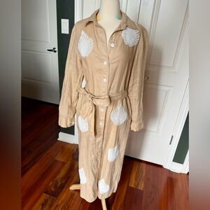 Zara Beige Button-Front Midi Shirt Dress with White Leaf Embroidery